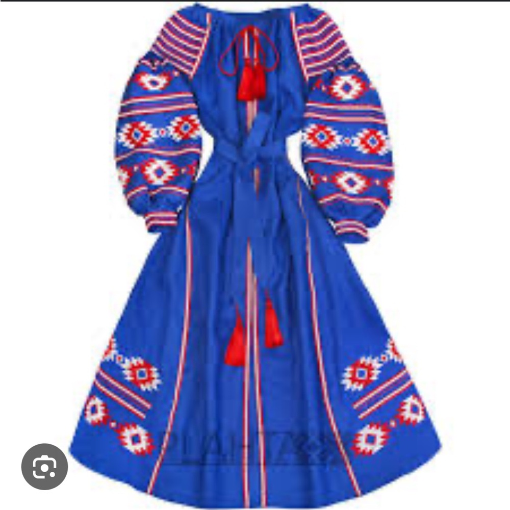 Blue and Red linen puffy long sleeved Maxi Dress pom poms. Embroidered